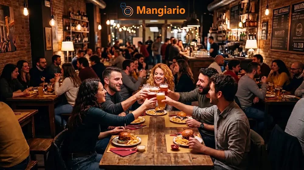 Tavolata di amici che brindano in un locale