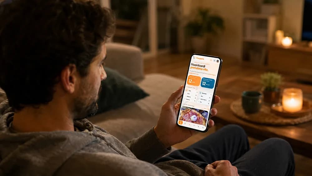 Una persona usa Mangiario dal telefono mentre è a casa, in un ambiente serale